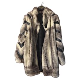 Abrigo de visón gris con detalles en cuero negro Talla 42 - Autre Marque