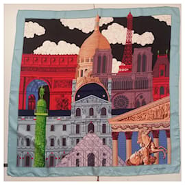 Sciarpa di seta Louis Vuitton azzurro Monumenti di Parigi