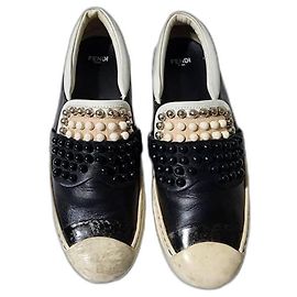 Fendi Leder Nieten Karl Lover Slip On Sneakers Schwarz/Weiß Größe 37