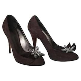 Décolleté Giuseppe Zanotti in suede prune con fiore in pelle