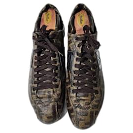 Fendi Zucca Canvas and Leather Low-Top Sneakers Tobacco Brown/Black Size 6 & half