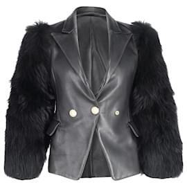 Blazer de un solo botón con mangas de piel en cuero negro de Balmain