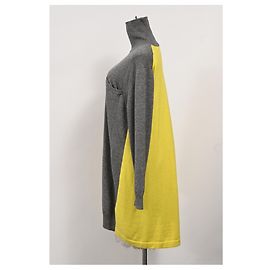 Vestido midi de lana multicolor con cuello alto y borde de encaje de punto de Sacai