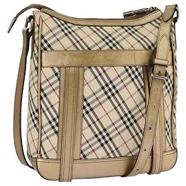 Borsa a spalla Burberry Nova Check in tela di pelle beige oro Auth hk1797