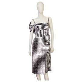 Carolina Herrera Gestreiftes Baumwoll-Korsett-Midi-Kleid Grau Weiß