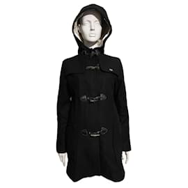Thomas Burberry Abrigo duffle negro vintage con capucha de lana