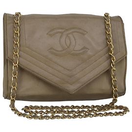 CHANEL Chain Shoulder Bag Lamb Skin Beige Gold CC Auth bs19652