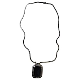 Collana Dior Art Déco Pendente Metallo Dorato Pietra Nera
