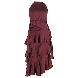  Zimmermann Ruffled Midi Halter Neck Dress in Burgundy Silk