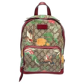 Gucci Ophidia Leder Rucksack Braun Rot Blumen Vogel Muster