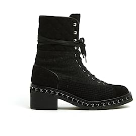 Botines Chanel EU39 Negro Lana Tweed y Cadena Combat Shoes Boots UK6 US8.5