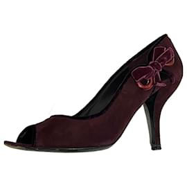 Sergio Rossi Scarpe peep toe in velluto borgogna con bordino in velluto e fiocco