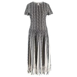 Christian Dior Dior Schwarz-Weiße bedruckte Midi-Kleid mit Fransen-Details