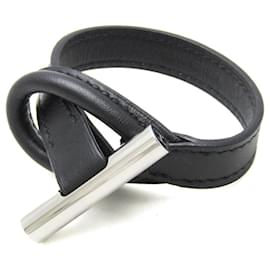 Hermes Black and Silver Leather and Metal Bangle - Hermès