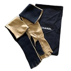 Lange zweifarbige Handschuhe oder Fäustlinge aus Leder + Wolle Gr. 7 Chanel