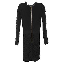 Vestido mini preto de viscose Balmain com babados de tule, decote em V e mangas longas