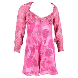 Autre Marque Rixo Fara Vestido Mini de Manga Larga con Estampado Floral en Viscosa Rosa