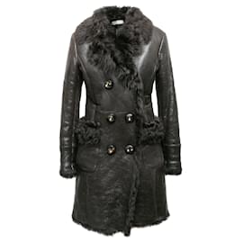 Charcoal Prada 2009 Patent Shearling Double-Breasted Coat Size IT 42