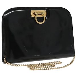Bolso de cadena Salvatore Ferragamo Esmalte Negro Oro Auth 101117