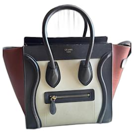 Borsa Céline Nano Luggage Tote in pelle tricolore nero bianco castagna