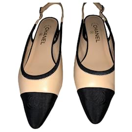 Chanel Slingback Tacco Basso Nero Beige Pelle e Tessuto 39.5