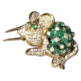 Autre Marque Spilla Topo Giovane in Oro 18K con Smeraldi e Diamanti