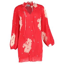 Robe mini en plissé-chiffon à imprimé floral avec volants Ganni en viscose rouge