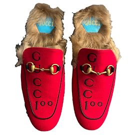 Mocassini Princetown Gucci Rossi in Pelle e Lana