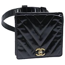 Borsa a vita CHANEL V Stitch in pelle verniciata nera con CC dorato Auth bs18829 - Chanel
