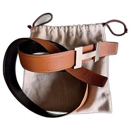 Hermès Reversibler Gürtel Schwarz und Hellbraun Palladium Schnalle