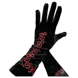 Lange schwarze Samthandschuhe mit roter Stickerei - Autre Marque