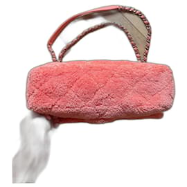 Chanel Flap Tasche Rosa Stoff Silberner Verschluss