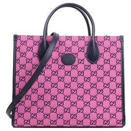 GUCCI - Borsa tote Gucci in tela monogrammata rosa e pelle blu navy