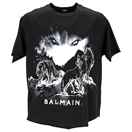 T-shirt girocollo in cotone nero con stampa di lupo Balmain