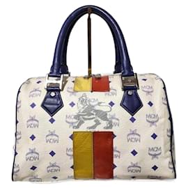 MCM Visetos Princess Lion Coated Canvas and Leather Boston Bag White/Blue