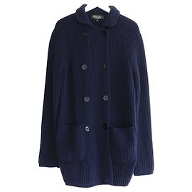 Cardigan Cappotto in Cashmere Baby Loro Piana Blu Navy a Coste