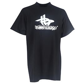 T-shirt a collo alto in cotone nero con stampa logo Balenciaga