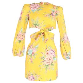 Abito Mini Floreale Zinnia Zimmermann in Lino Giallo
