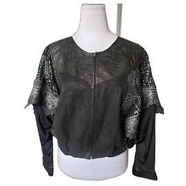 Roberto Cavalli Leather and Suede Laser Cutout Jacket Black