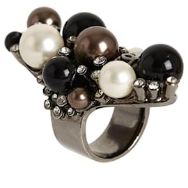 Chanel 2004 Ring T53/54 Schwarze und Weiße Perlen Maxi Ring US6.5
