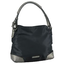 BURBERRY Schultertasche aus Nylon und Leder Schwarz Silber Authentisch ti2577