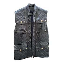Camicia Balmain nera in viscosa e pelle di agnello taglia 36