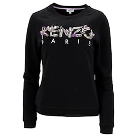Suéter de cuello redondo en algodón negro con logo bordado de Kenzo