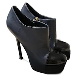 Bottines Yves Saint Laurent Tribute Cuir Bleu Foncé et Vernis Noir