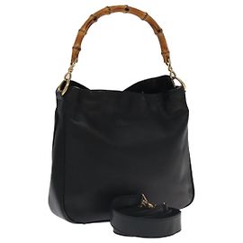Sac à main en cuir GUCCI Bamboo 2 voies noir or 001 3754 1638 Auth ti2587