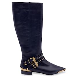 Botas de montar de cuero negro con hebillas de metal dorado talla 36 - Versace
