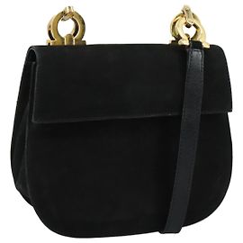 Borsa a Spalla Gancini in Camoscio Nero e Oro Salvatore Ferragamo Auth bs20936