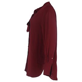 Theory Blusa de seda burdeos de manga larga con detalles de cinta y botones