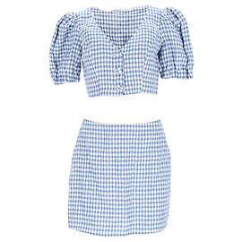 Reformation Ethel Zweiteiliges Top und Minirock-Set aus hellblauem Leinen