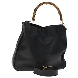 Borsa a mano in pelle GUCCI Bamboo 2 vie nera oro 001 2113 1577 Auth th5555